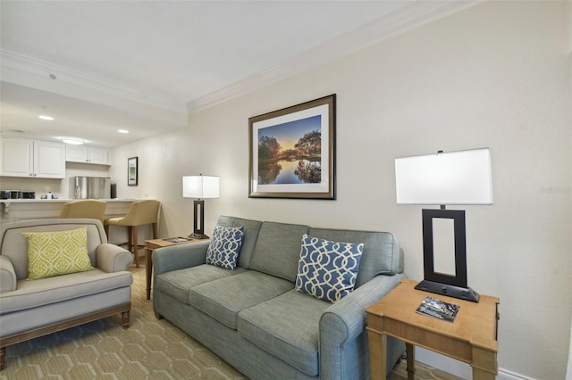 living room with ornamental molding