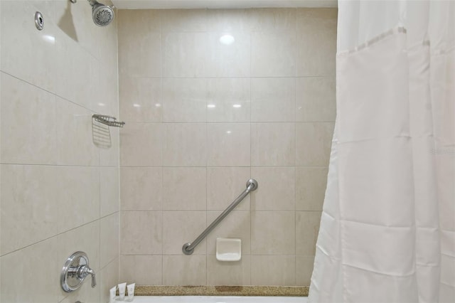 bathroom with curtained shower