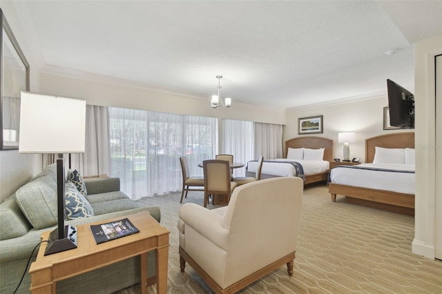 carpeted bedroom with a chandelier, crown molding, and a textured ceiling