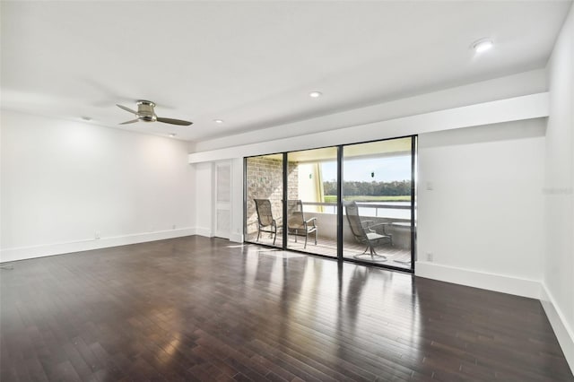 unfurnished room featuring baseboards, a ceiling fan, recessed lighting, and wood finished floors