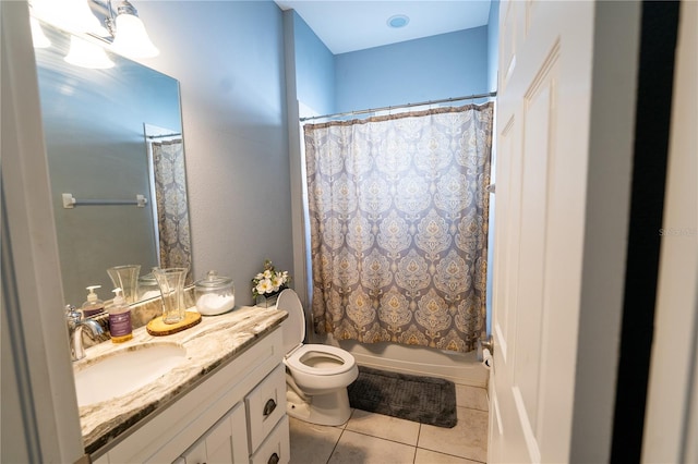 full bathroom featuring vanity, shower / bath combination with curtain, toilet, and tile patterned floors