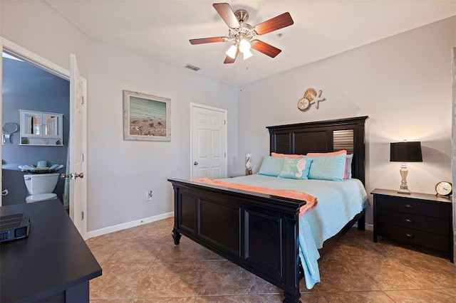 bedroom with light tile patterned floors and ceiling fan