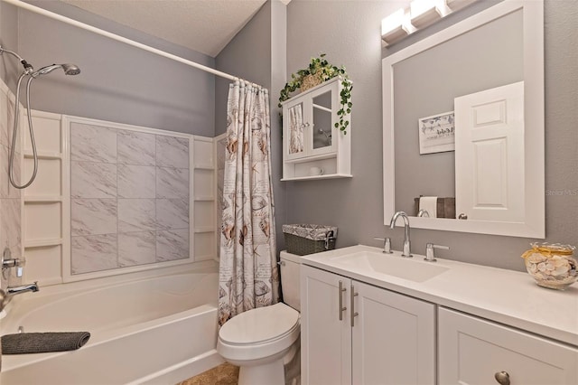 full bathroom featuring vanity, a textured ceiling, toilet, and shower / bathtub combination with curtain