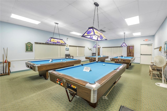 game room featuring pool table and a drop ceiling