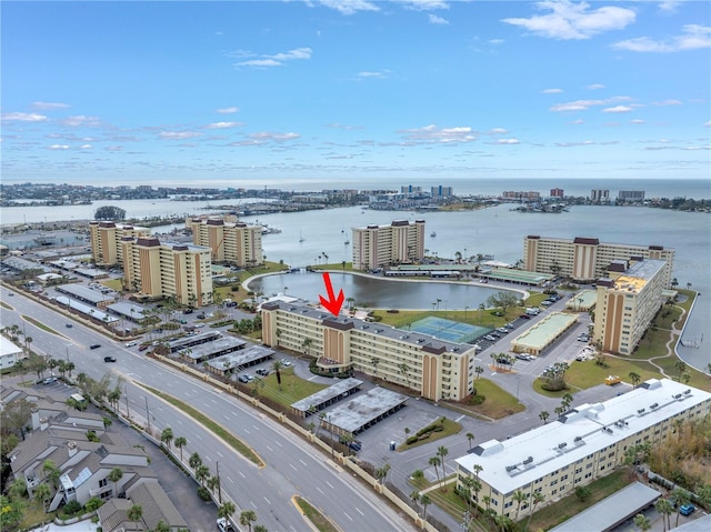 drone / aerial view with a water view