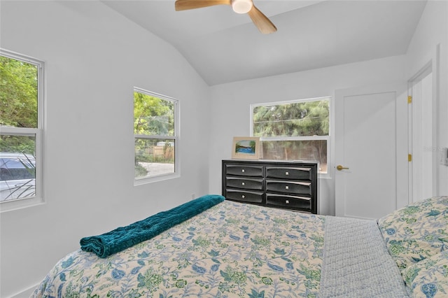 bedroom with vaulted ceiling and ceiling fan