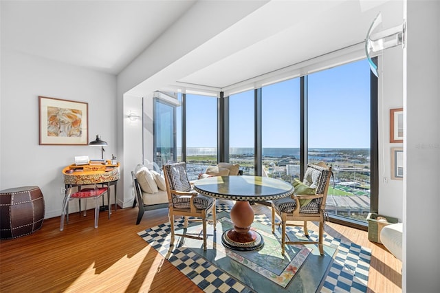dining room featuring expansive windows, baseboards, and wood finished floors