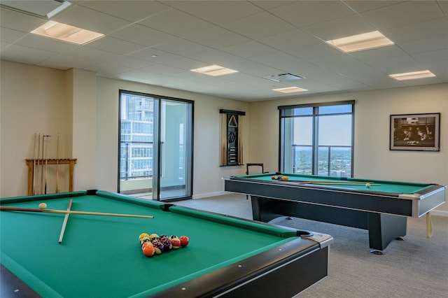 recreation room with carpet flooring, a paneled ceiling, and pool table