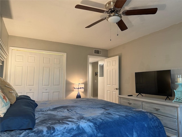 bedroom featuring a closet, electric panel, and ceiling fan