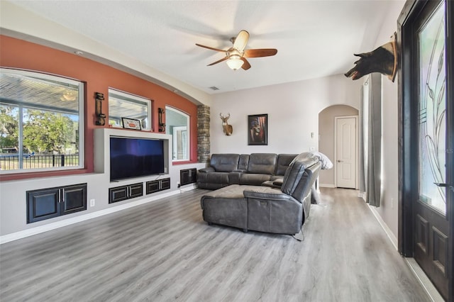 living room with ceiling fan, a healthy amount of sunlight, and light wood-type flooring