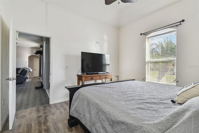 bedroom featuring dark wood-type flooring and ceiling fan