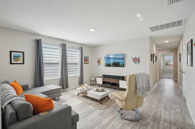 living room with a textured ceiling and light hardwood / wood-style flooring