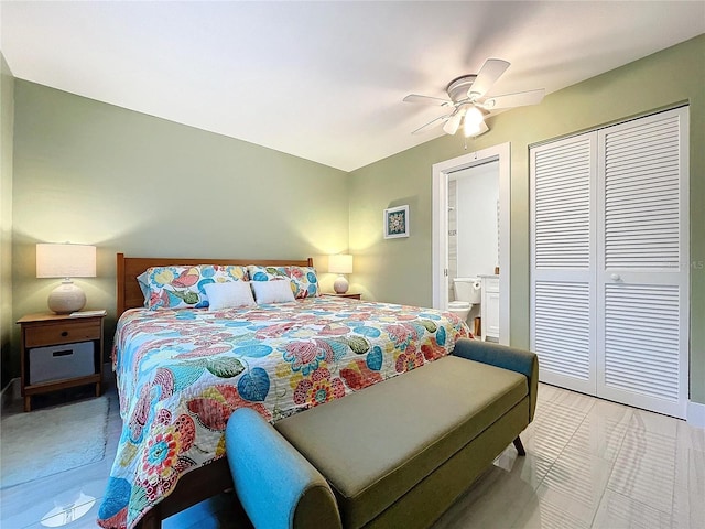 bedroom with connected bathroom and ceiling fan