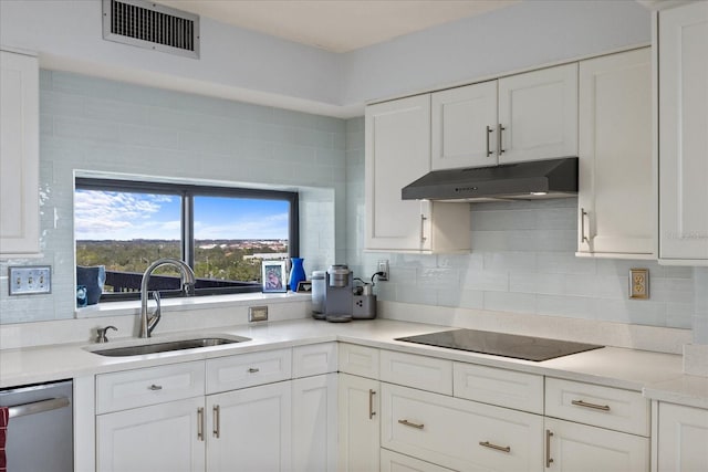 kitchen with white cabinetry, sink, black electric cooktop, and dishwasher