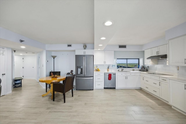 kitchen with sink, appliances with stainless steel finishes, decorative backsplash, and white cabinetry