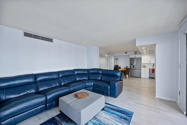 living room featuring light hardwood / wood-style flooring and a textured ceiling