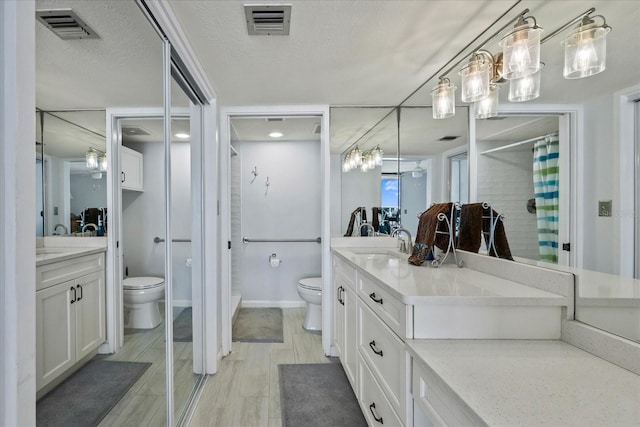 bathroom featuring vanity, toilet, a textured ceiling, and a shower with shower curtain