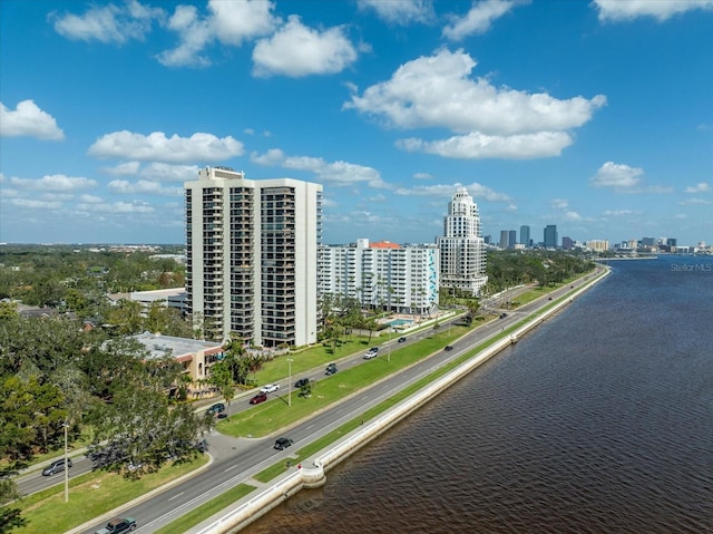 drone / aerial view with a water view