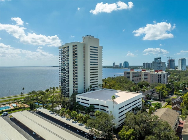 birds eye view of property featuring a water view