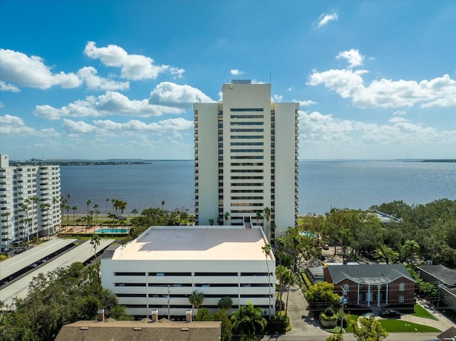 drone / aerial view featuring a water view