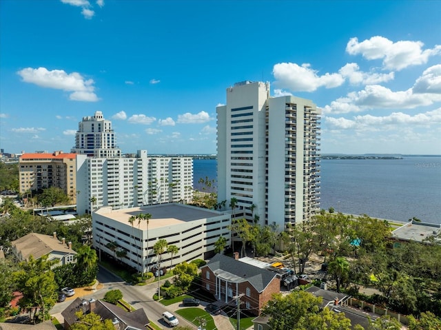 exterior space with a water view