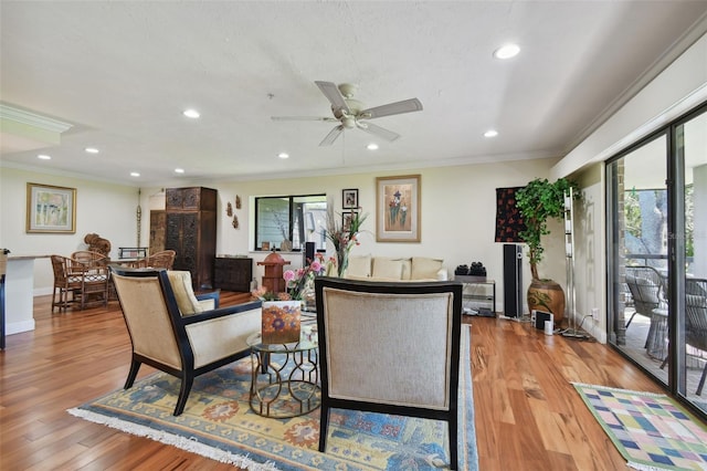 living room with ceiling fan, a healthy amount of sunlight, and light hardwood / wood-style flooring