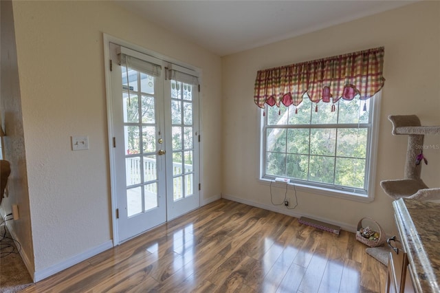 doorway to outside with french doors, wood-type flooring, and plenty of natural light