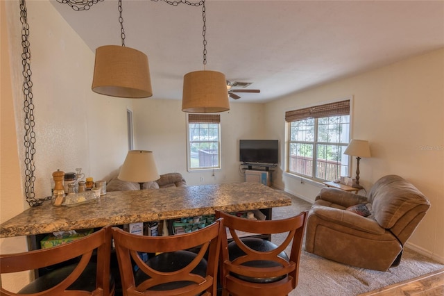 interior space with hardwood / wood-style floors, ceiling fan, pendant lighting, and a wealth of natural light