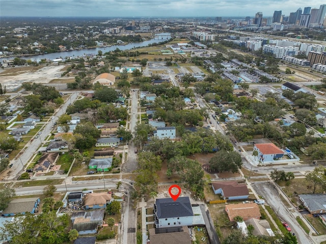 drone / aerial view with a water view