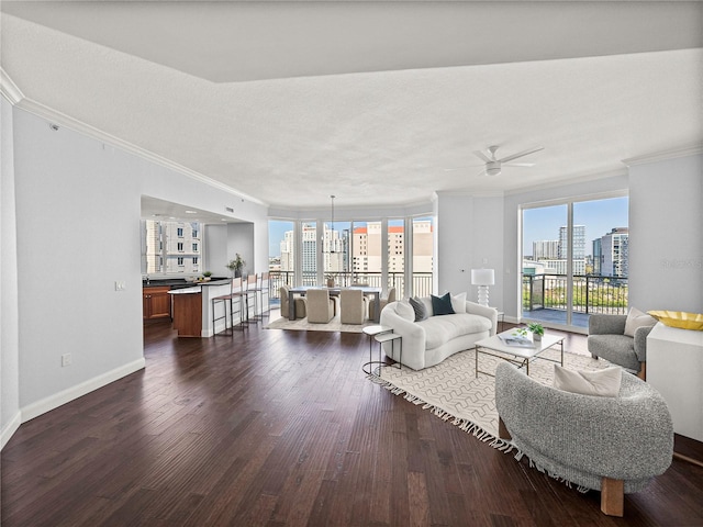 living area with a view of city, ornamental molding, and dark wood finished floors