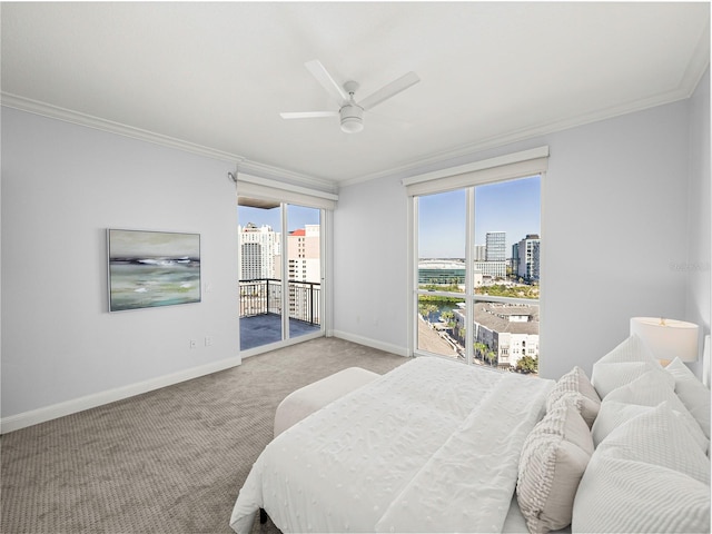 bedroom featuring light carpet, access to exterior, a view of city, and crown molding