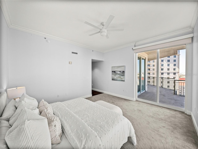 bedroom featuring ceiling fan, carpet flooring, access to outside, and ornamental molding