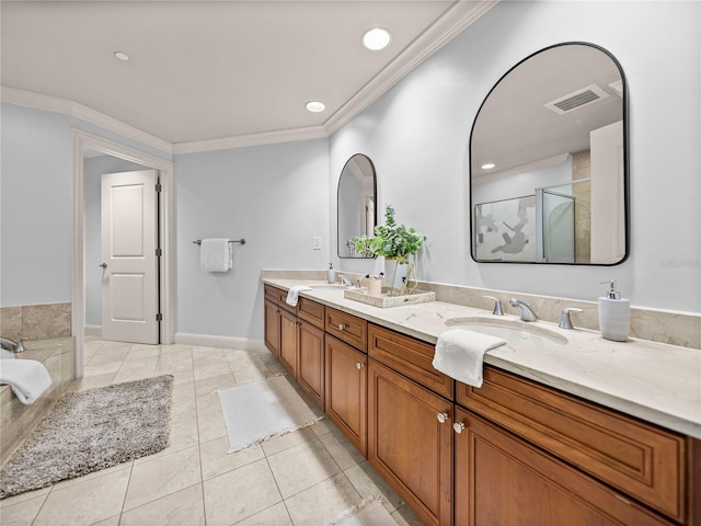 bathroom with vanity, an enclosed shower, tile patterned floors, and crown molding