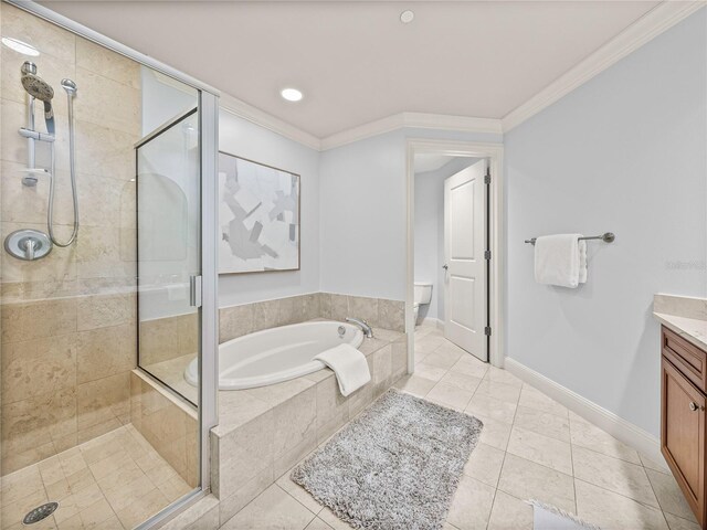 full bathroom featuring vanity, independent shower and bath, ornamental molding, and toilet