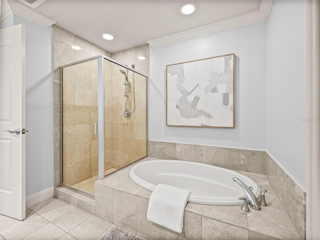 bathroom featuring separate shower and tub, crown molding, and tile patterned flooring