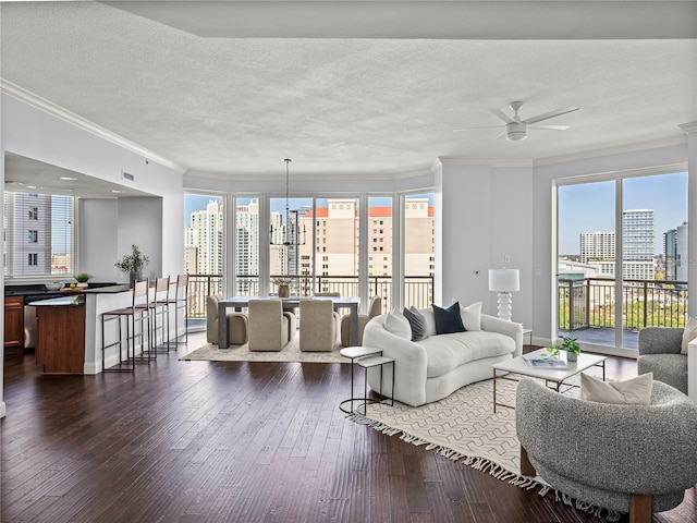 living room with crown molding, dark wood-style flooring, a city view, and plenty of natural light