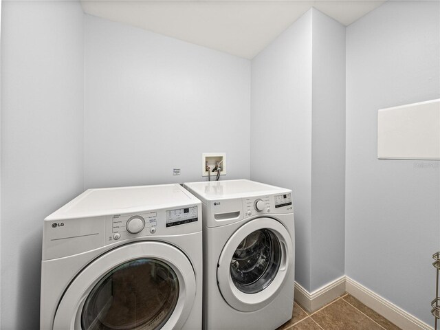 laundry area featuring washer and clothes dryer and dark tile patterned flooring