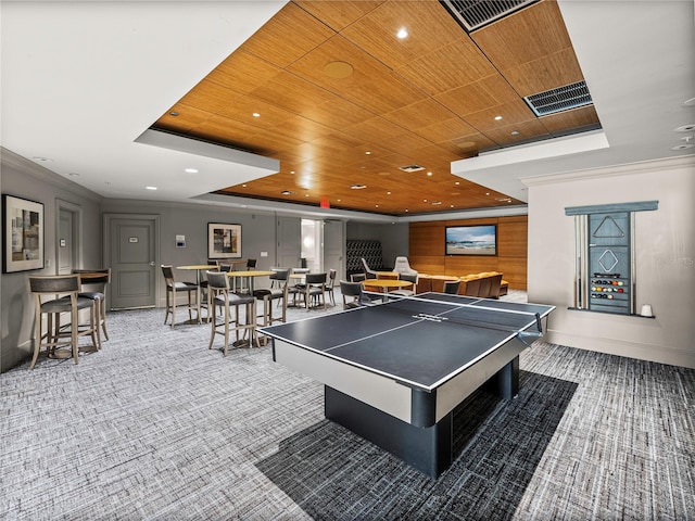 game room with carpet flooring and wooden ceiling