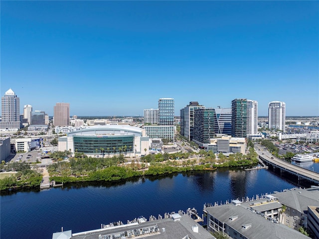 aerial view with a water view and a view of city