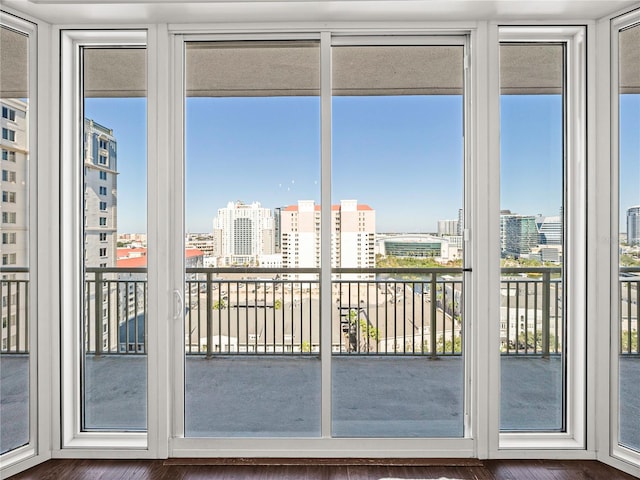 doorway to outside featuring a view of city, a wealth of natural light, and wood finished floors