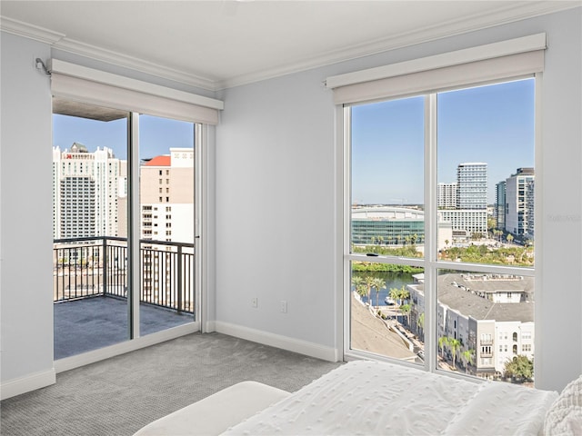 carpeted bedroom featuring access to exterior, a view of city, ornamental molding, and baseboards