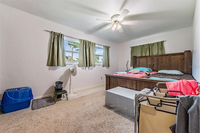 bedroom with light carpet and ceiling fan