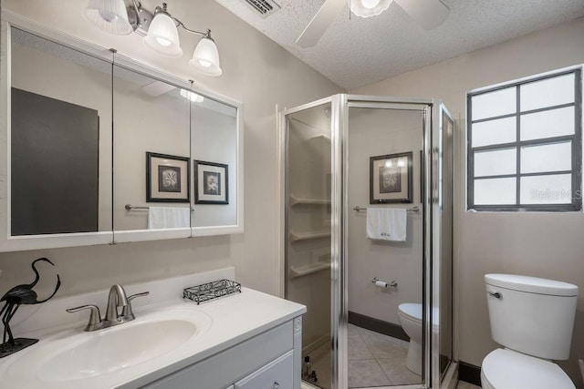 bathroom featuring a textured ceiling, toilet, walk in shower, vanity, and tile patterned flooring