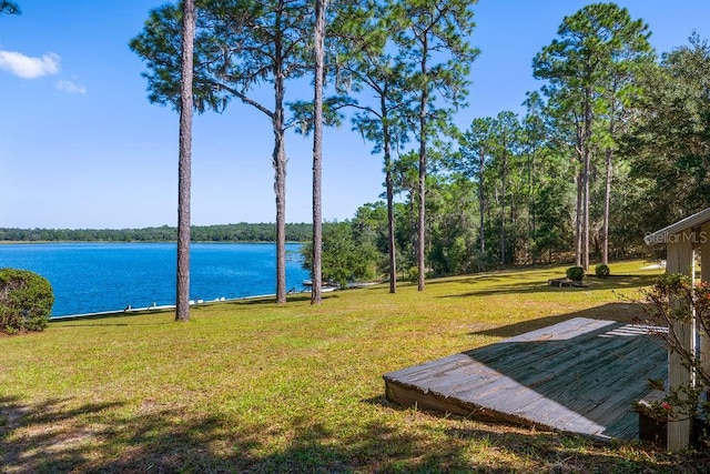 surrounding community with a lawn and a water view