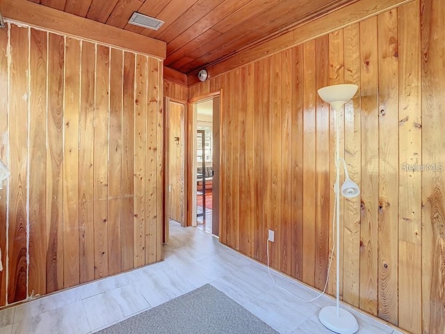 spare room with wood ceiling and wood walls