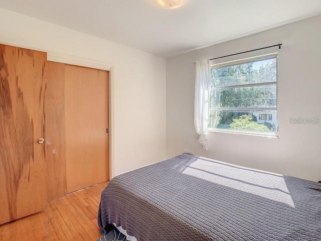 bedroom with light hardwood / wood-style flooring and a closet