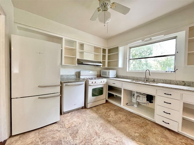 kitchen with ceiling fan, sink, white cabinets, exhaust hood, and white appliances