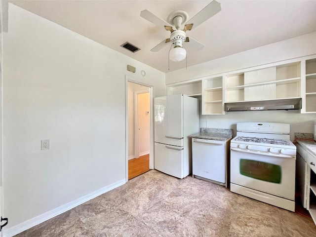 kitchen with ceiling fan, white appliances, and range hood