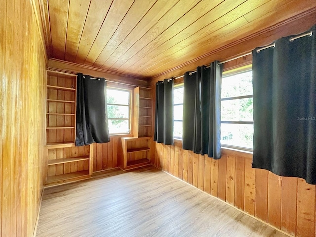 interior space with wood walls, light hardwood / wood-style flooring, wooden ceiling, and a healthy amount of sunlight