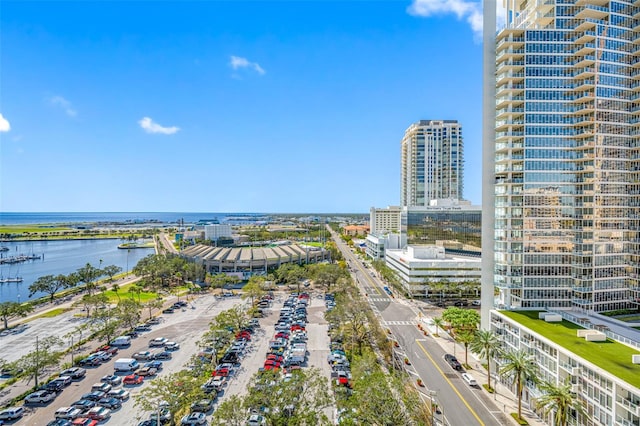 birds eye view of property with a water view